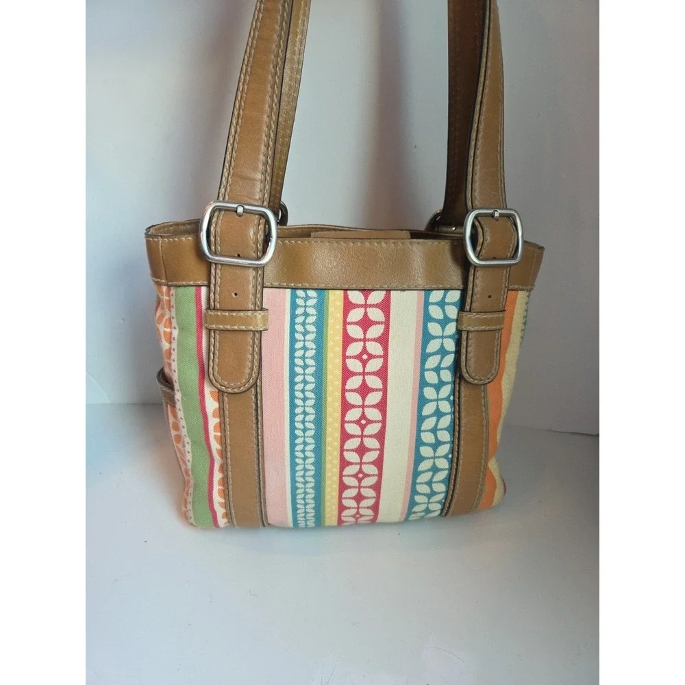 FOSSIL Floral Canvas Leather Tote Shoulder Bag‎ Hobo Boho Key Blue Pink Y2K